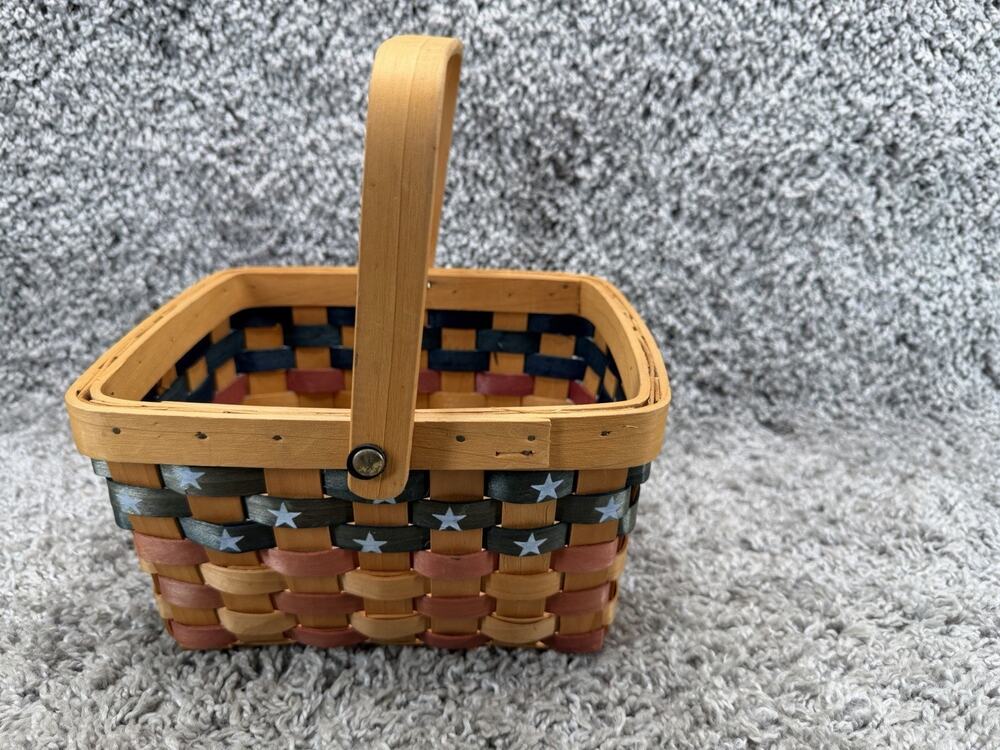Americana Woven Basket w/ Handle Red White Blue Stars Rustic Farmhouse Decor